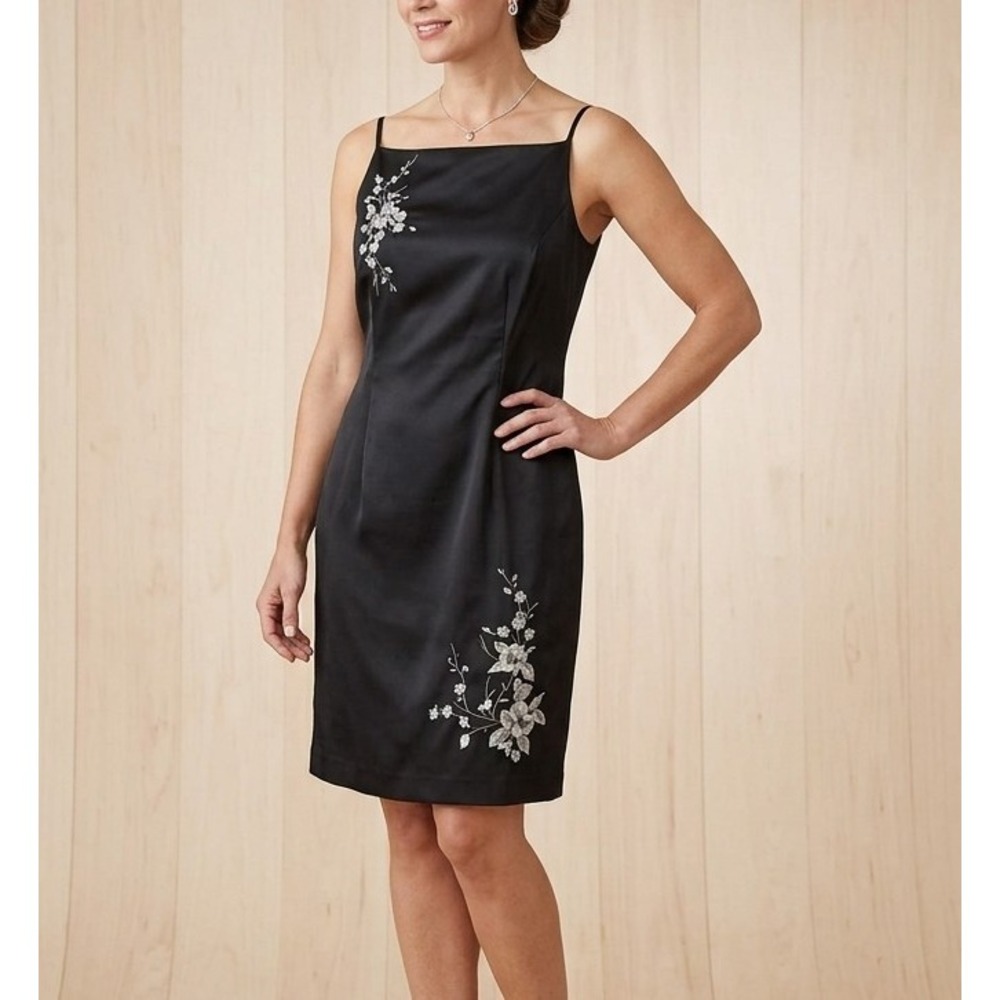 Y2K Vintage 90s CDC 12 Black Satin Slip Dress Spaghetti Strap Embroidery Formal